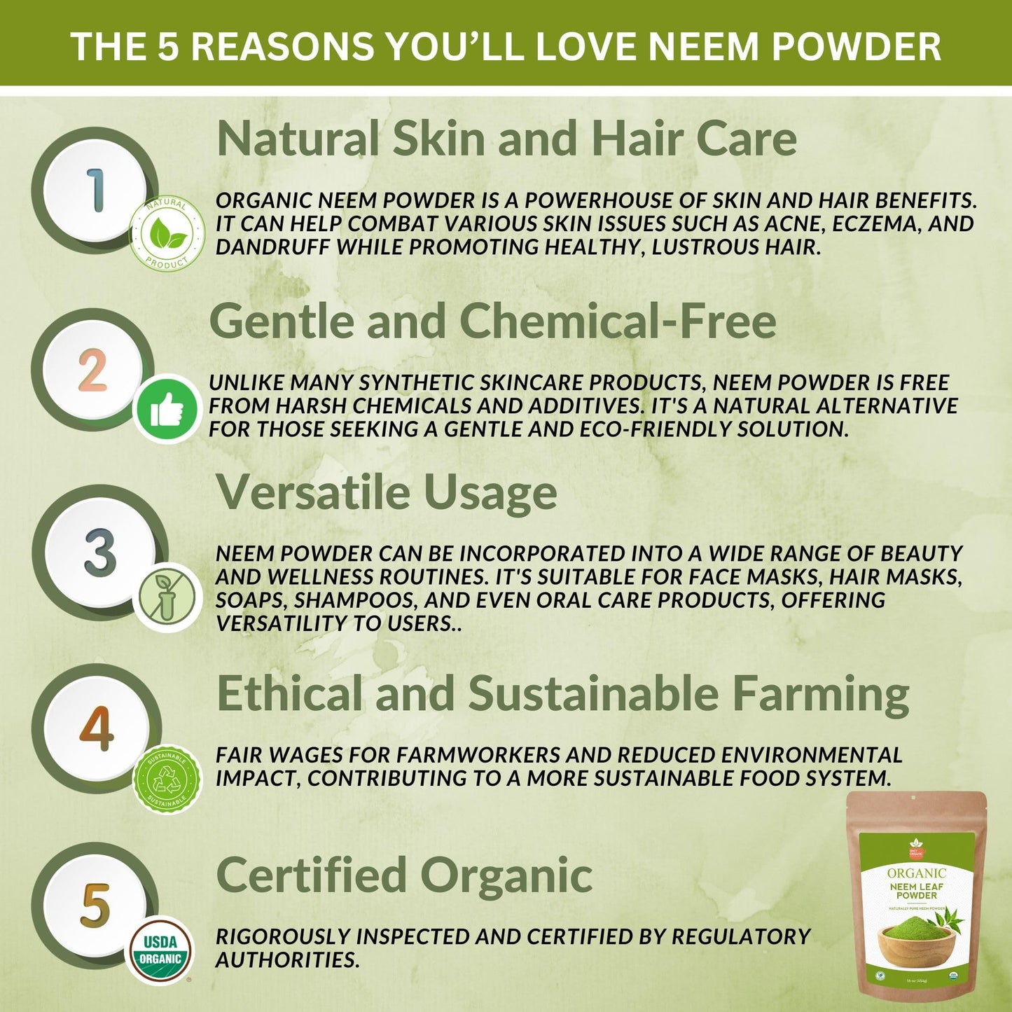 SPICY ORGANIC Neem Powder – 8 oz. - Certified USDA Organic -Non-GMO - Fresh Dried Neem Leaves Powder for Healthy Hair and Skin - Azadirachta Indica Ayurvedic Herb for Overall Wellbeing