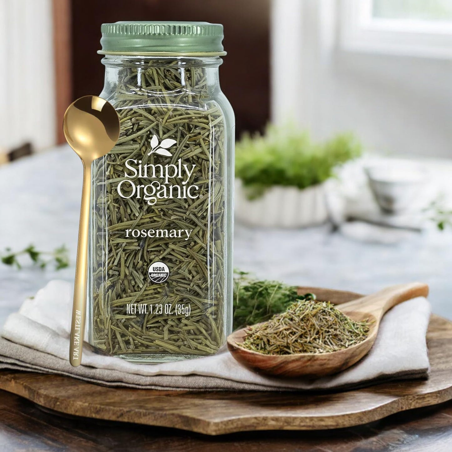 Whole Rosemary, 1.23 Oz - Organic Rosemary Herb For Robust Flavor & Aromatic Cooking | Bundled With Golden Ss Spoon, Kosher, Whole Dried Rosemary Leaves [Pack Of 3]