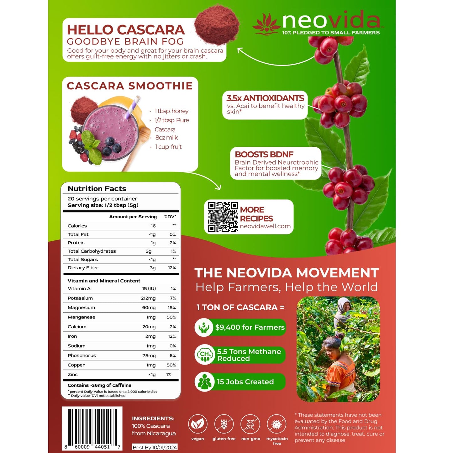 Neovida Cascara Clarity, Coffee Cherry Powder, All Natural Antioxidant Boost Powder Made from Coffee Cherries, Superfood Powder for Smoothies, Coffee Fruit Extract, Coffeeberry (10 Servings)