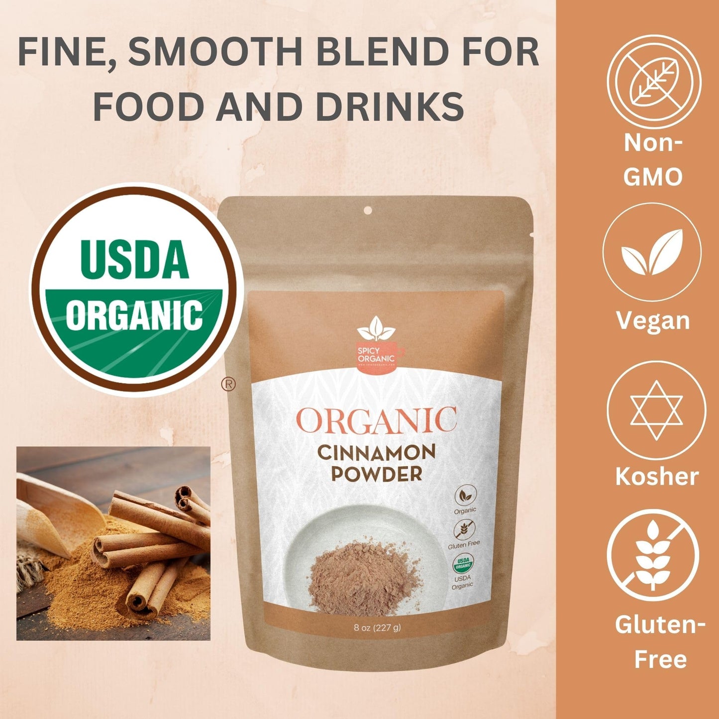 SPICY ORGANIC Ground Cinnamon Powder 4 oz. - Fresh Spice Seasoning for Tea, Coffee, Desserts, Oatmeal, Yogurt, Smoothies, and Trail Mix - USDA Organic Certified and Non-GMO