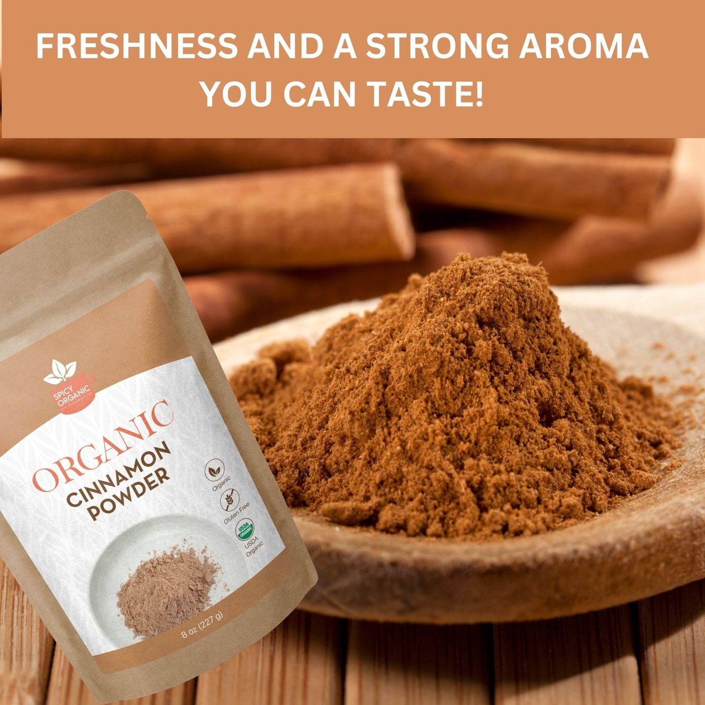 SPICY ORGANIC Ground Cinnamon Powder 4 oz. - Fresh Spice Seasoning for Tea, Coffee, Desserts, Oatmeal, Yogurt, Smoothies, and Trail Mix - USDA Organic Certified and Non-GMO