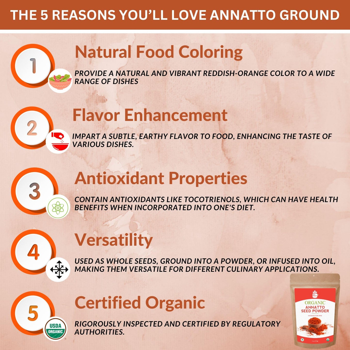 SPICY ORGANIC Annatto Powder 8 oz. – Certified USDA Organic - Ground Achiote Seed Spice for Seasoning and Cooking