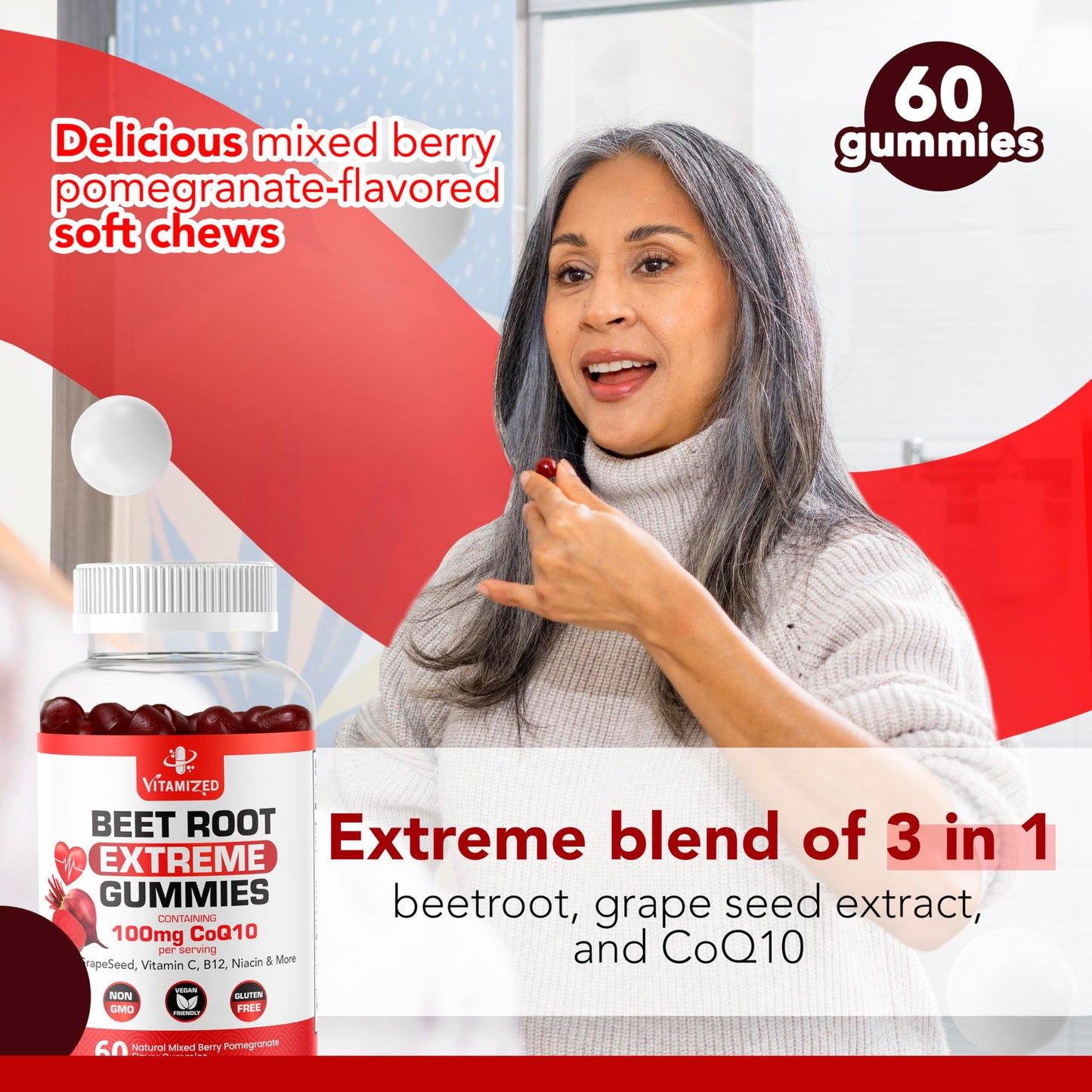 VITAMIZED Extreme Beetroot Formula & COQ10 100mg with Grape Seed Extract, for Circulation Energy & Flow, 1500mg Beet Root Gummies Extract Gluten Free 60