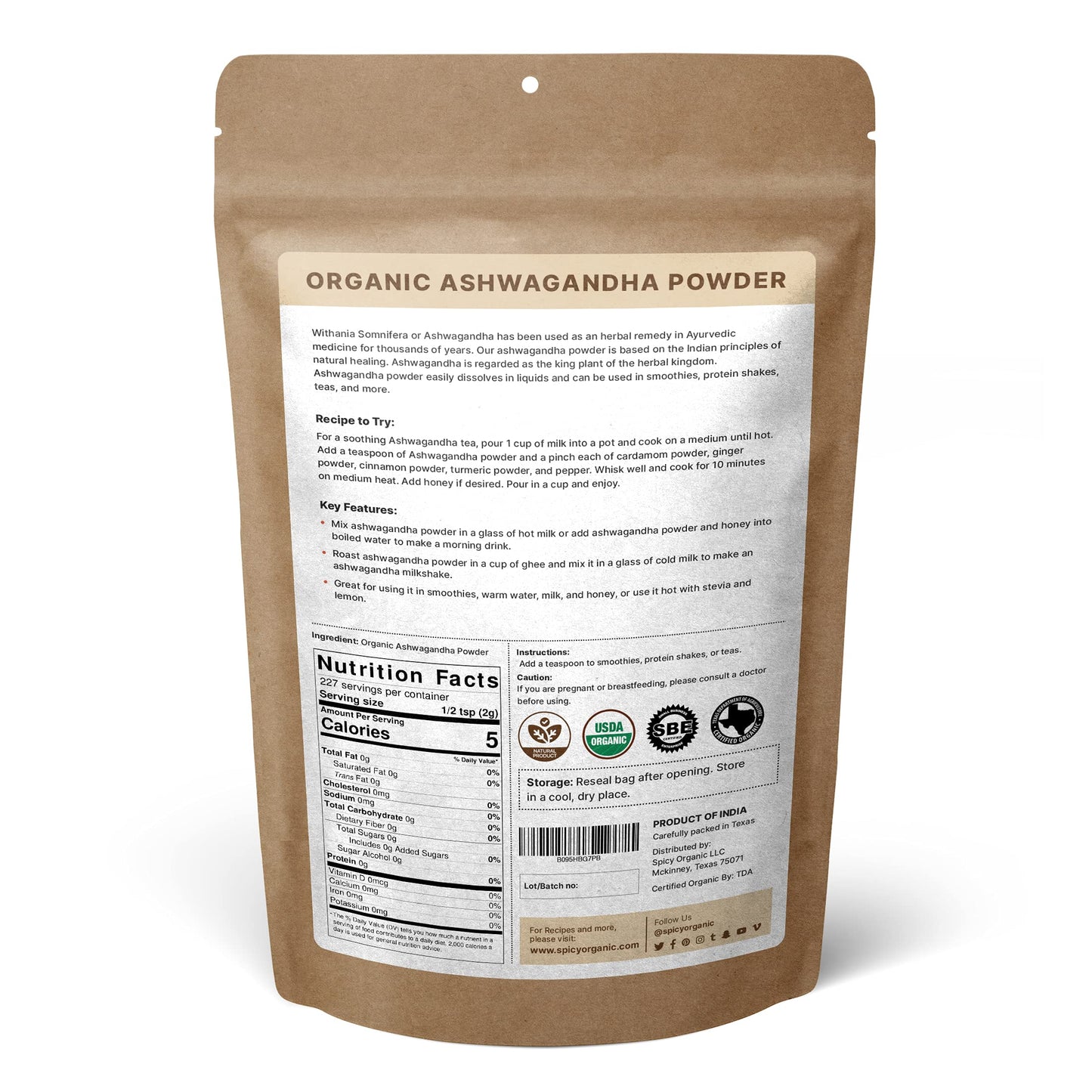 SPICY ORGANIC Ashwagandha Root Powder 16 oz. – Pure and Raw Indian Ginseng (Withania Somnifera) - A Versatile Alternative for Supplements, Herbal Teas, and More, USDA Certified Organic, Non-GMO