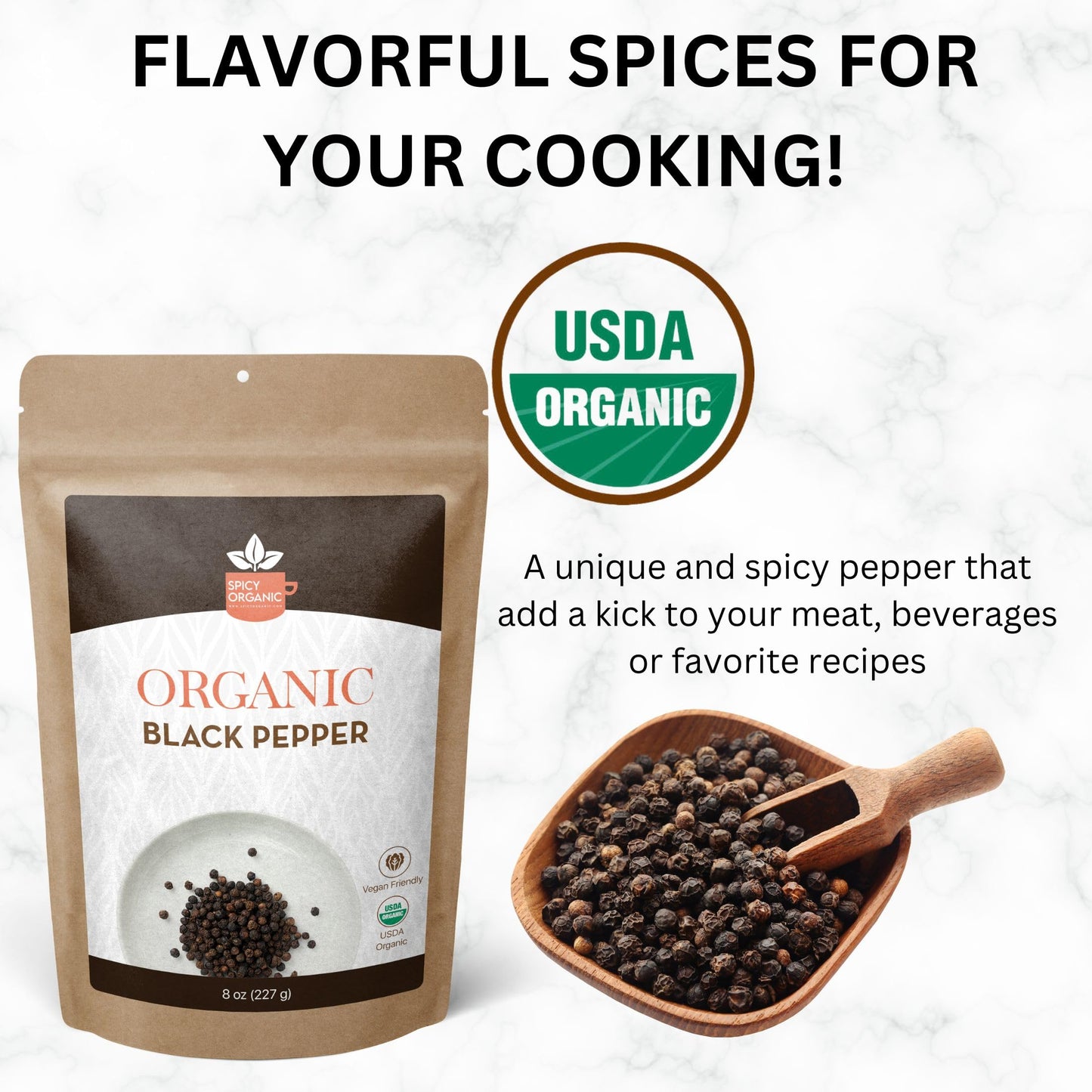 SPICY ORGANIC Black Peppercorns – 4 oz - Whole, Fresh, and Spicy Black Pepper for Grinder Refill, Premium Ceylon Quality, USDA Certified Organic, Gluten-Free, and Kosher