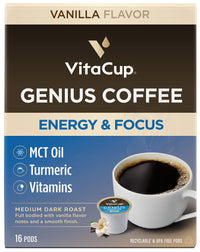 Genius Vanilla Keto Coffee Pods by VitaCup w/MCT Oil, Turmeric, B Vitamins, & D3 for Energy & Focus in Recyclable Single Serve Pod Compatible with K-Cup Brewers Including Keurig 2.0, 16 CT