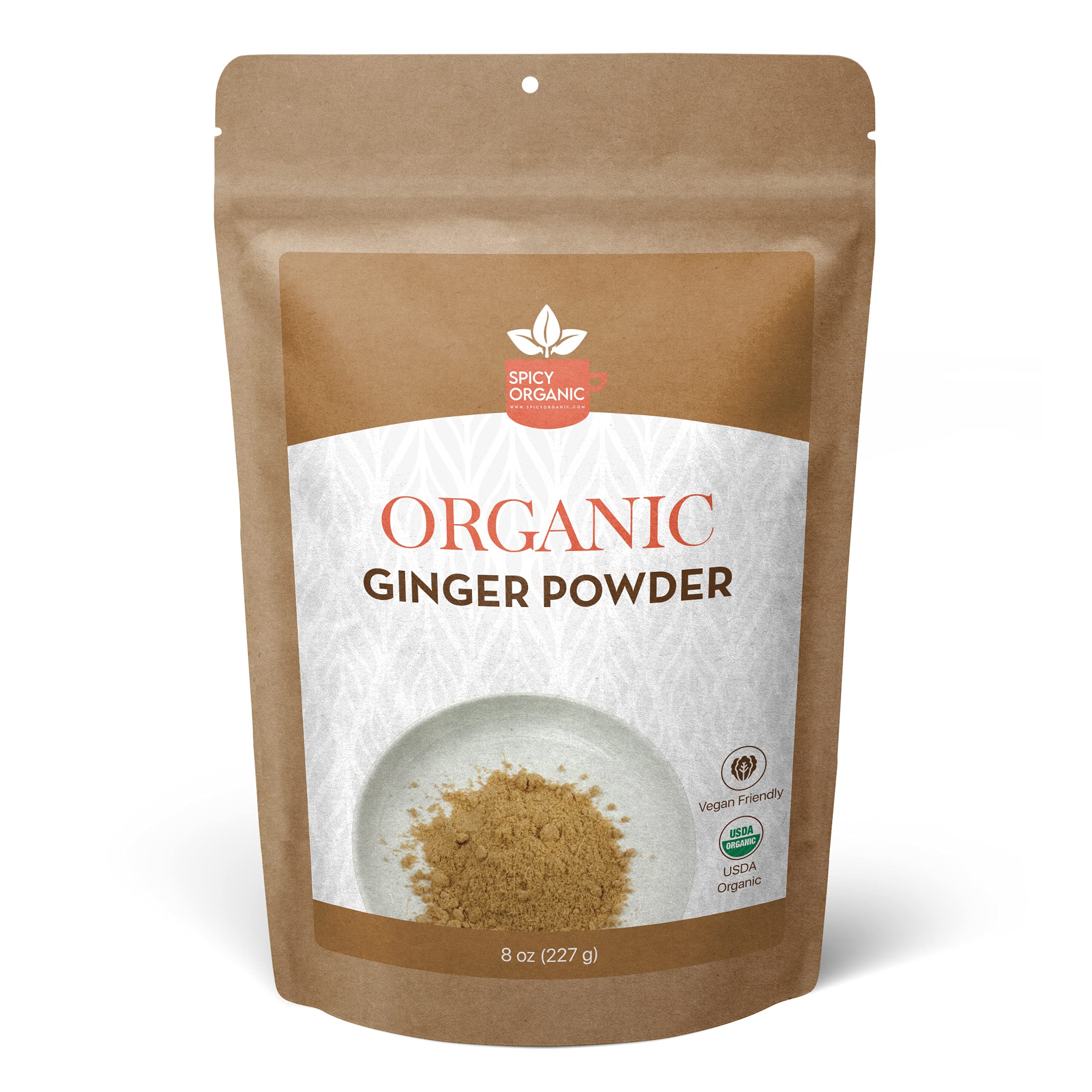 SPICY ORGANIC Ginger Root Powder – 8 oz. – Freshly Ground from Raw, Indian Ginger, Dried Spice for Baking, Beverages and Cooking - 100% Pure, USDA Certified Organic Ginger – Non-GMO & Kosher