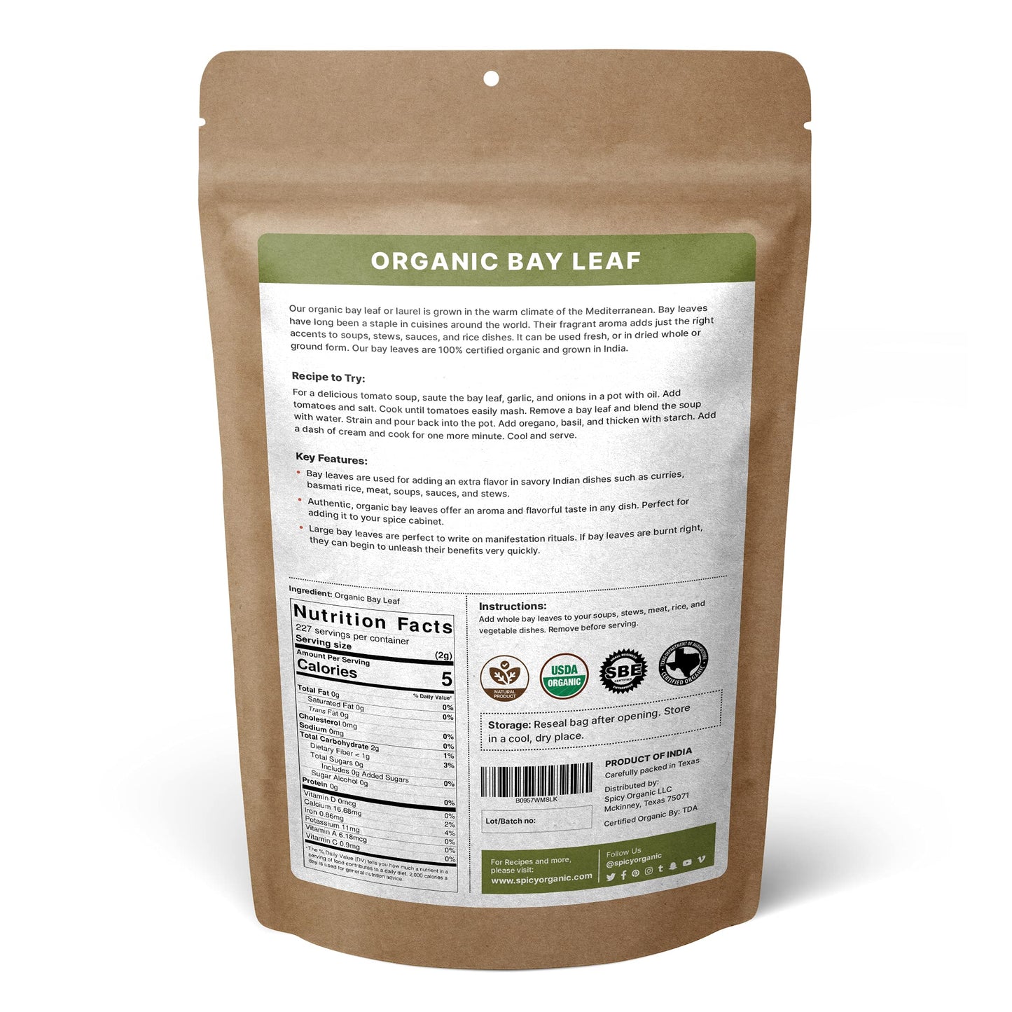 SPICY ORGANIC Bay Leaf (Indian Tej Patta)- 100% Pure USDA Organic - Non-GMO, Gluten-Free - Comes in a Resealable Pack - Non-Irradiated Naturally Dried Whole Leaves- 228 Servings Per Container, 16 Oz (454 grams)