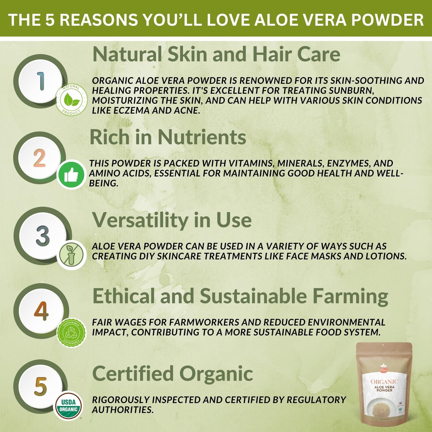 Organic Aloe Vera Powder for Skin & Hair – 4 oz. - Aloe Barbadensis - Nourishing Face Mask for Natural Beauty, USDA Certified Organic & Non-GMO