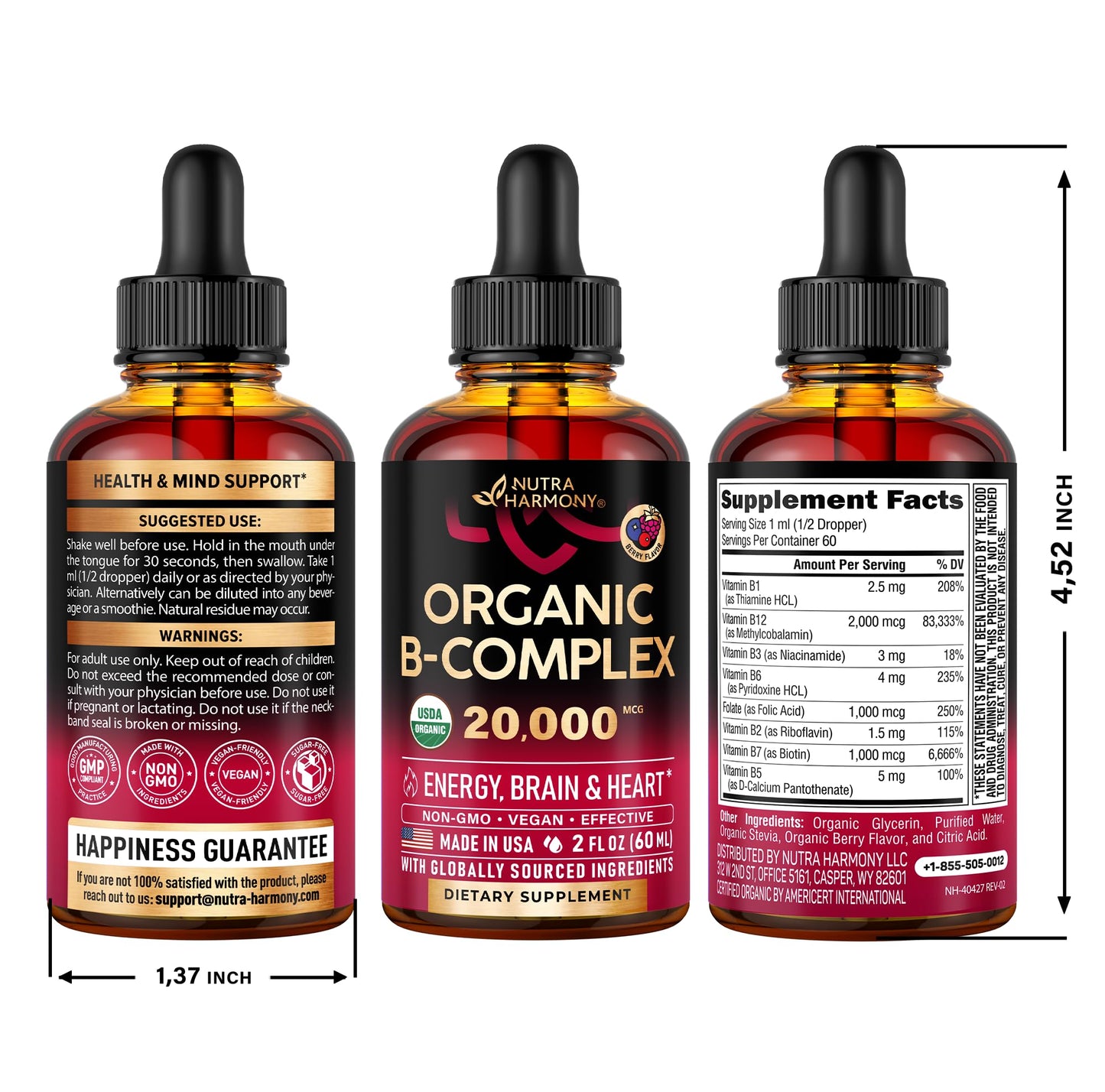 USDA Organic Vitamin B-Complex B5 Pantothenic Acid | B12 Methylcobalamin | B1 Thiamine | B6 Pyridoxine | B7 Biotin | B9 Folic | B3 Niacinamide - B Complex Liquid Drops, Made in USA Supplement, 2fl oz