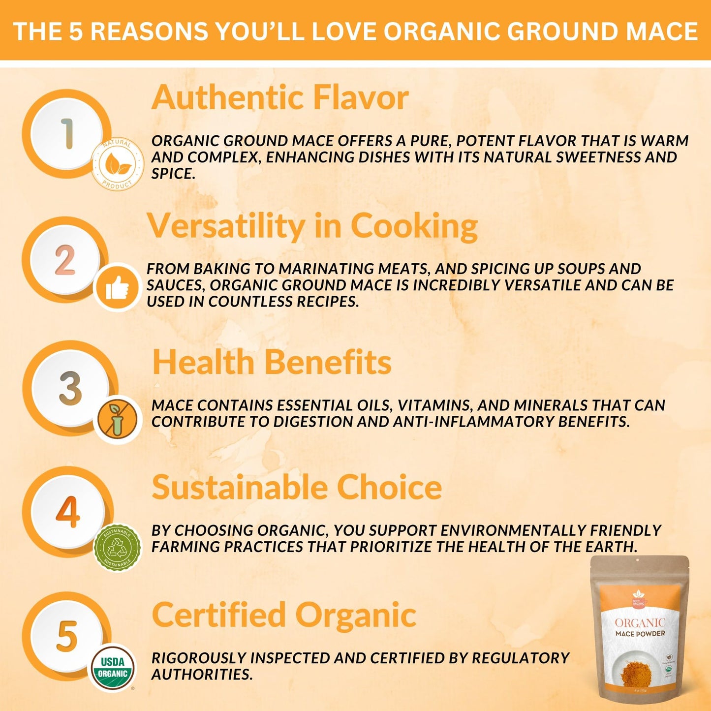 SPICY ORGANIC Ground Mace 3 lbs. - Exquisite Mace Spice Powder for Cooking, Baking, Sauces, Soups, Beverages and Savory Dishes– Certified USDA Organic, Non-GMO and Kosher. Comes in a Resealable Pouch