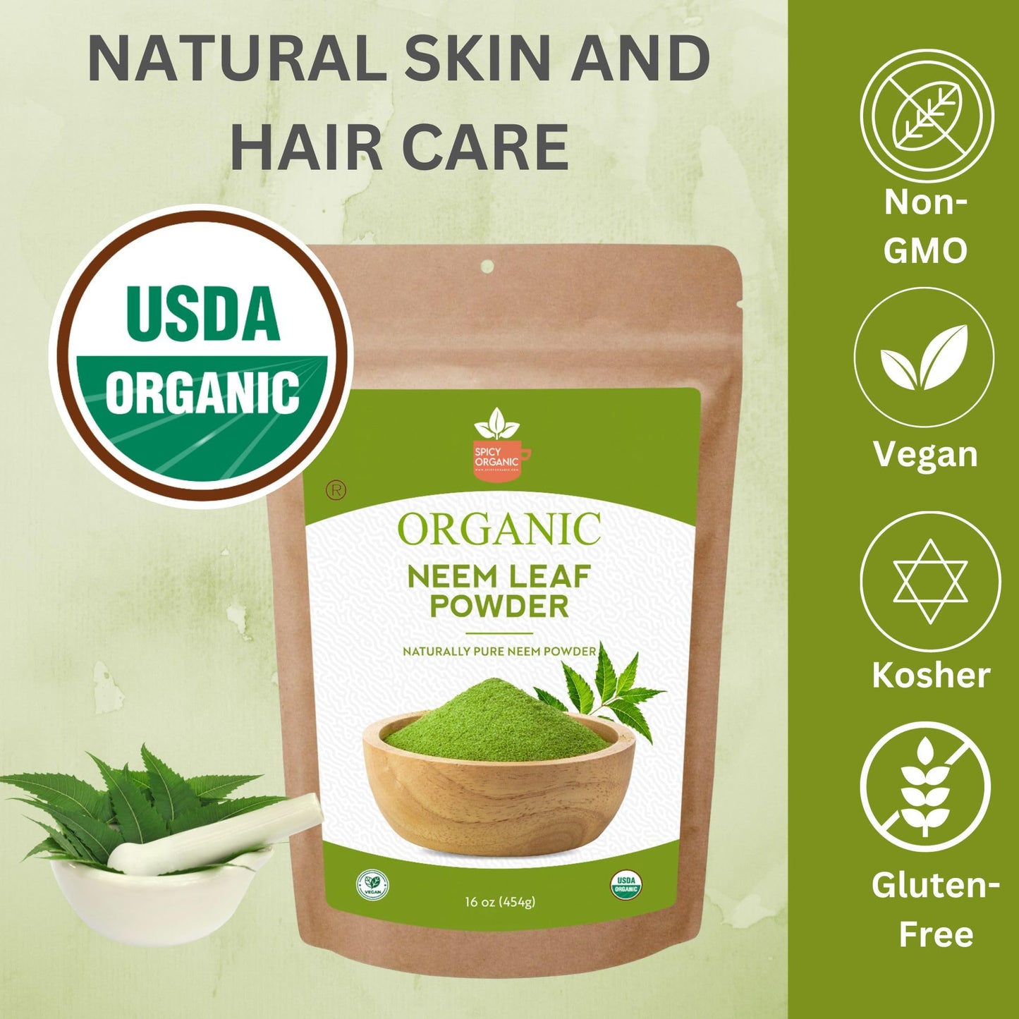 SPICY ORGANIC Neem Powder – 8 oz. - Certified USDA Organic -Non-GMO - Fresh Dried Neem Leaves Powder for Healthy Hair and Skin - Azadirachta Indica Ayurvedic Herb for Overall Wellbeing