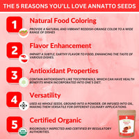 SPICY ORGANIC Annatto Seeds Whole 8 Oz. – USDA Certified Organic - All-Natural Achiote Seeds Spice and Seasoning for Rice, Cheese, Sauces, Achiote Paste, Recado Rojo, Meats, Poultry and Fish.