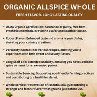 SPICY ORGANIC Pure Organic Allspice Berries Whole 4 oz. – Certified USDA Organic - Premium Pimento Seeds and Peppers for Baked Goods, Pickles, Marinades, Stews, and Sauces.