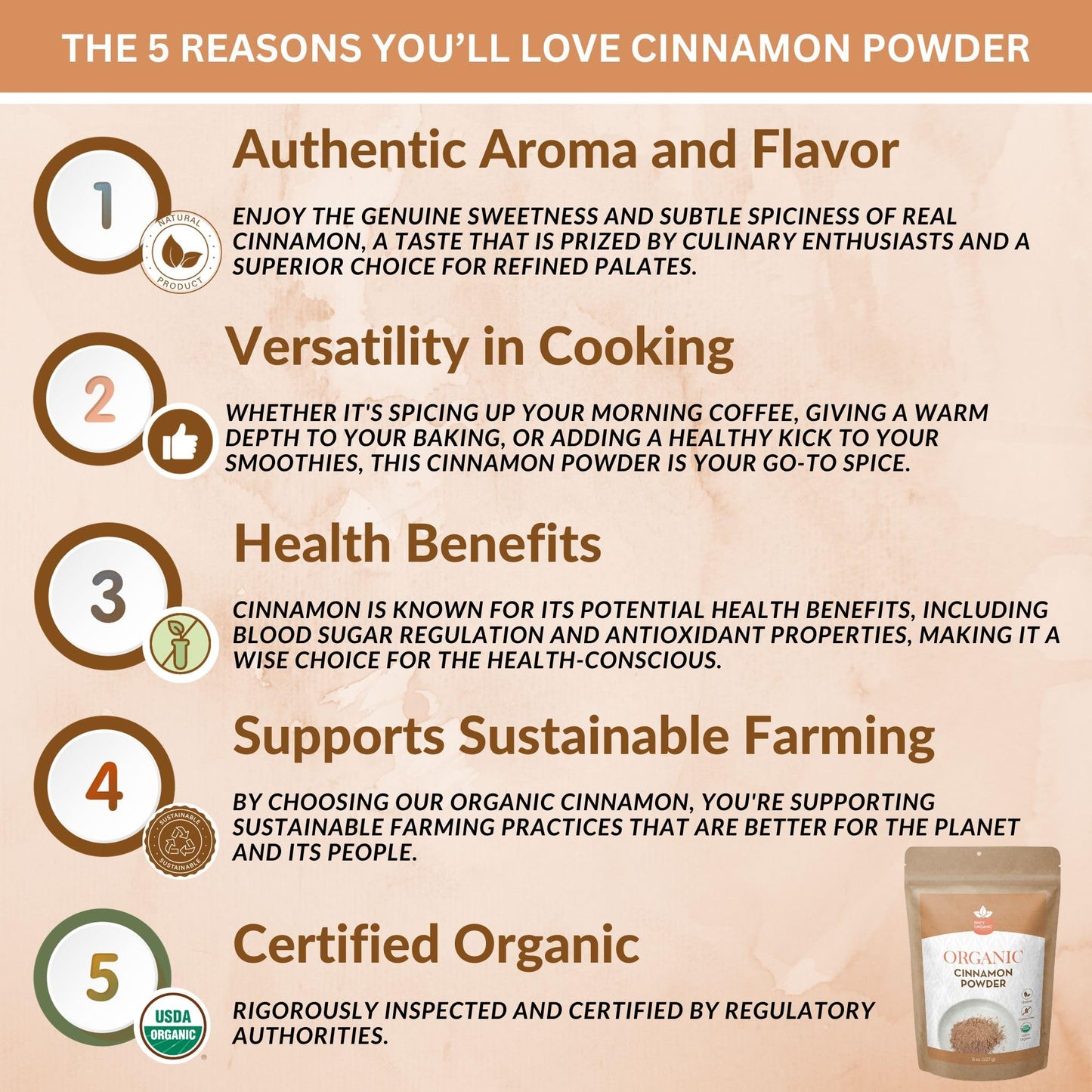 SPICY ORGANIC Ground Cinnamon Powder 4 oz. - Fresh Spice Seasoning for Tea, Coffee, Desserts, Oatmeal, Yogurt, Smoothies, and Trail Mix - USDA Organic Certified and Non-GMO