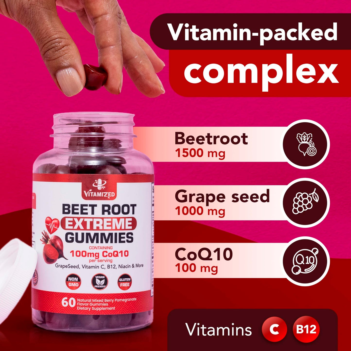 VITAMIZED Extreme Beetroot Formula & COQ10 100mg with Grape Seed Extract, for Circulation Energy & Flow, 1500mg Beet Root Gummies Extract Gluten Free 60