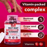 VITAMIZED Extreme Beetroot Formula & COQ10 100mg with Grape Seed Extract, for Circulation Energy & Flow, 1500mg Beet Root Gummies Extract Gluten Free 60