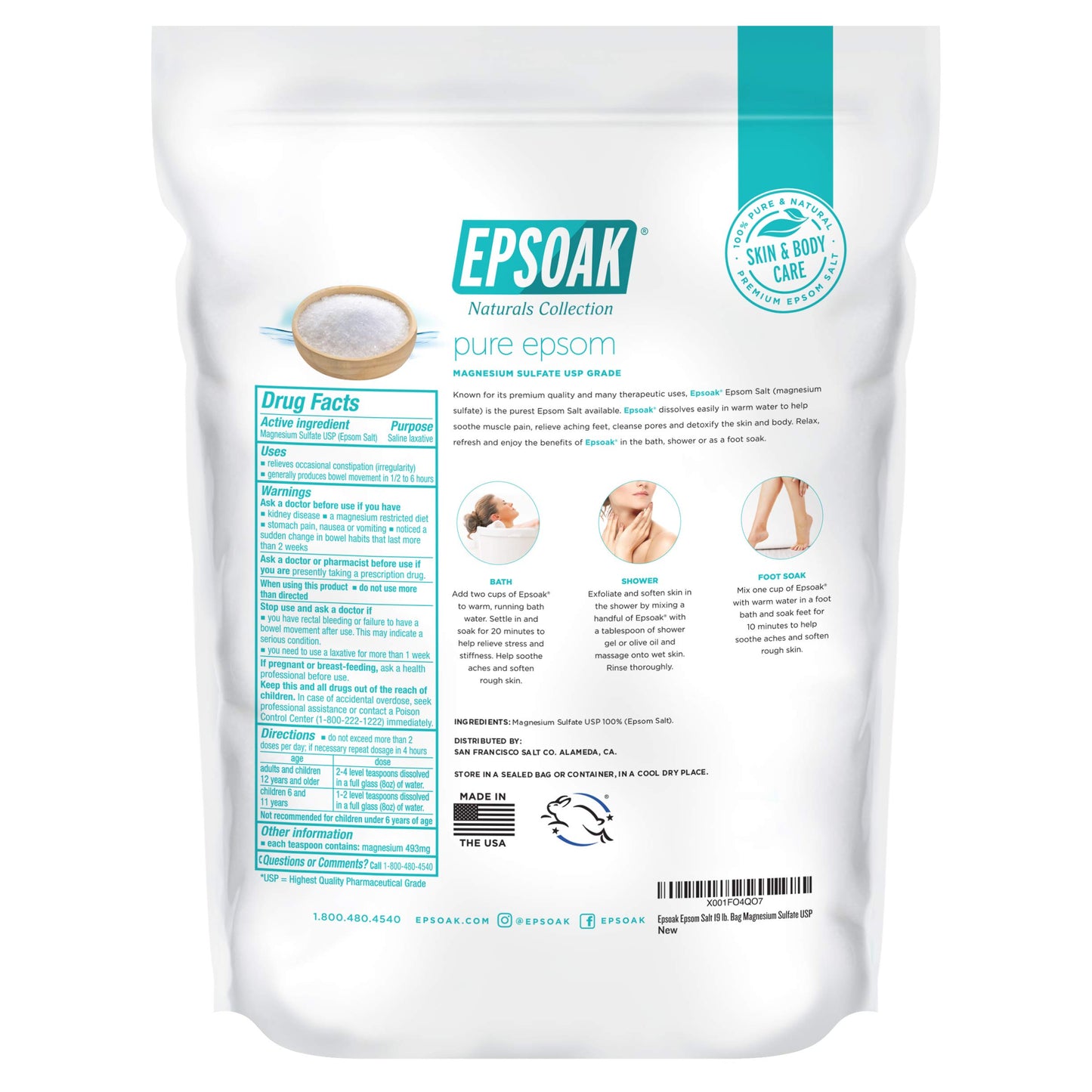 Epsoak Epsom Salt 19 lb. Magnesium Sulfate USP. (Qty. 1 x 19lb. Bags) Resealable Epsom Salt Bulk Bags Unscented, Made in The USA, Cruelty-Free Certified