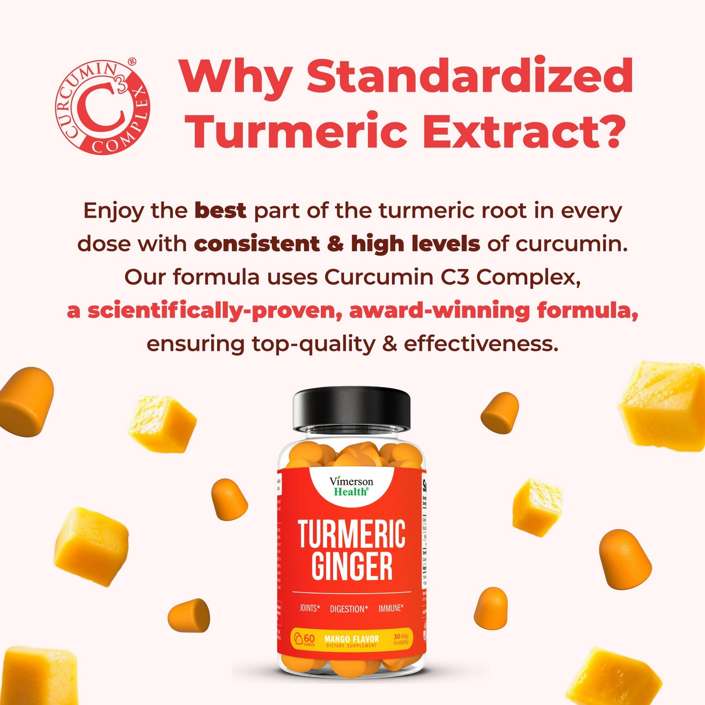 Turmeric Supplement and Ginger Root Gummies Joint Support Supplement - Turmeric Curcumin Supplement 95% Curcuminoids. Tumeric Curcumin C3 Complex for Max Absorption. 60 Mango Flavor Turmeric Gummies