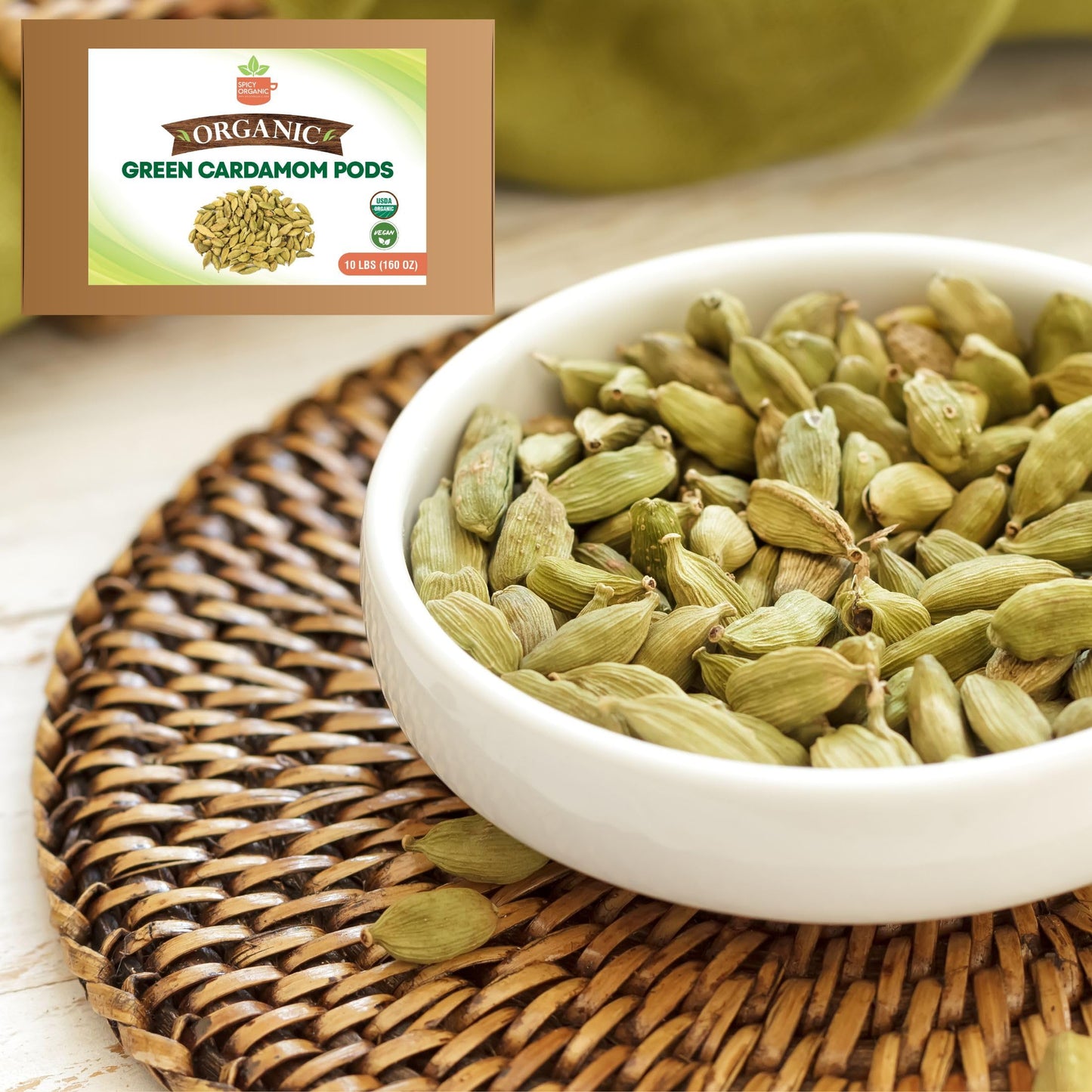 SPICY ORGANIC Bulk Green Cardamom Pods 10 LBS (160 OZ) - Freshly Harvested Cardamom Spice for Superior Flavor and Aroma - Non-GMO- Gluten Friendly - USDA Certified Organic