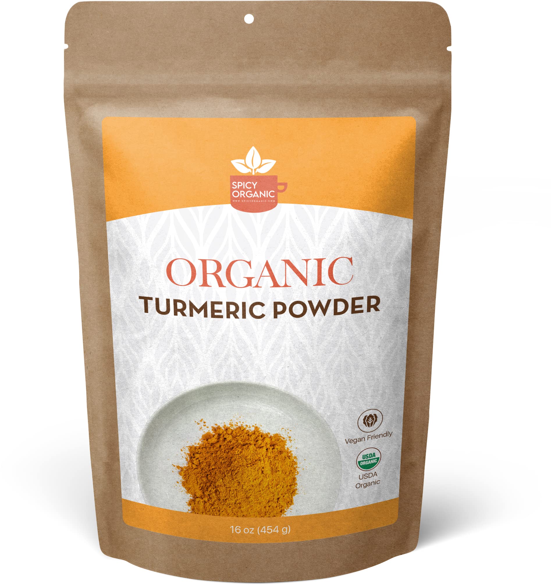 SPICY ORGANIC Turmeric Root Powder – 16 oz. – High Curcumin, Non-GMO Turmeric Spice for Cooking, Skin Care, Golden Milk, and Joint Health Support - Available in Bulk Pack