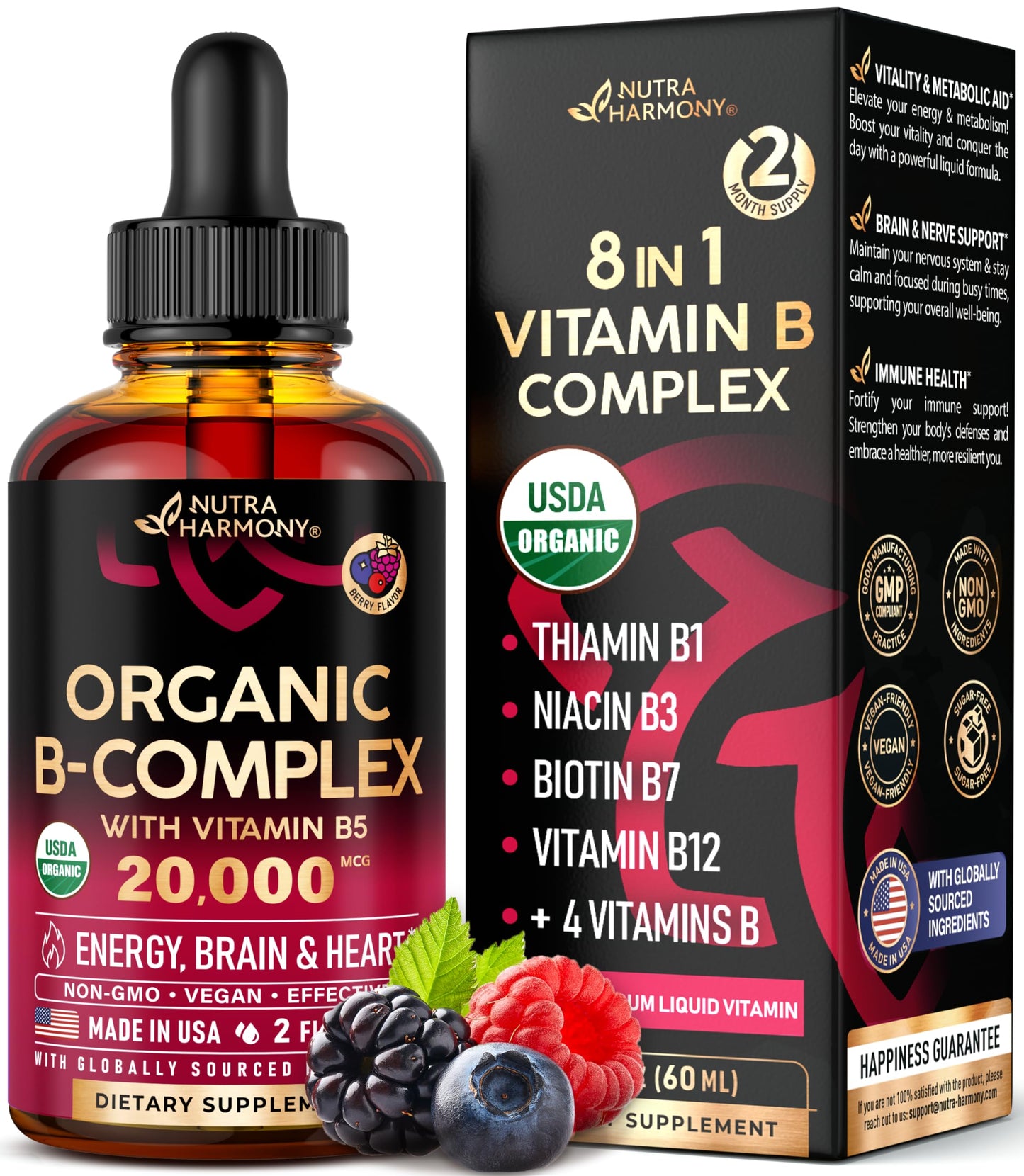 USDA Organic Vitamin B-Complex B5 Pantothenic Acid | B12 Methylcobalamin | B1 Thiamine | B6 Pyridoxine | B7 Biotin | B9 Folic | B3 Niacinamide - B Complex Liquid Drops, Made in USA Supplement, 2fl oz