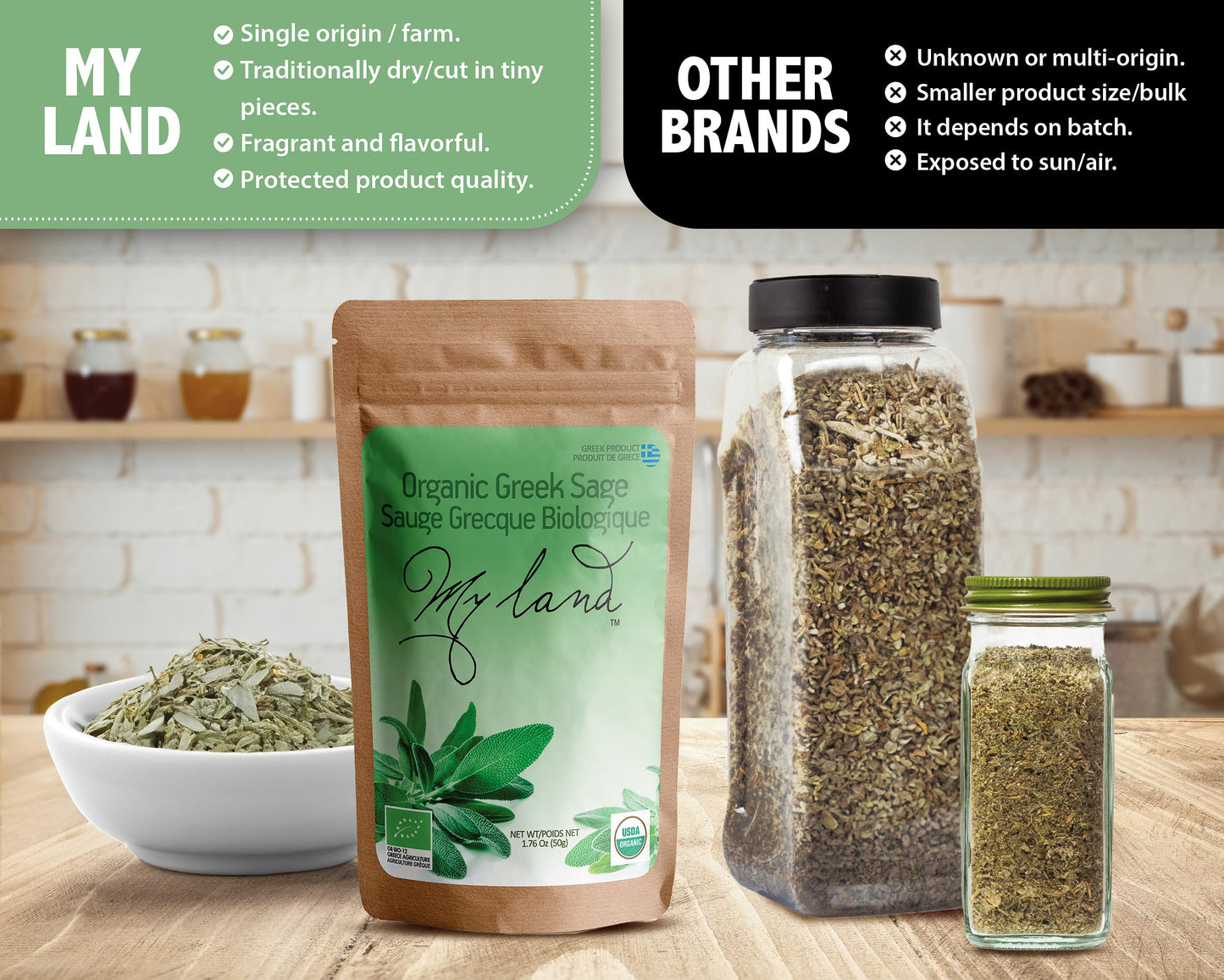 My Land Organic Sage Tea, Loose Leaf, 1.76oz (50g) – Dried Sage Leaves from Mt. Olympus, Greece – High Altitude Harvest from a Small Family Farm