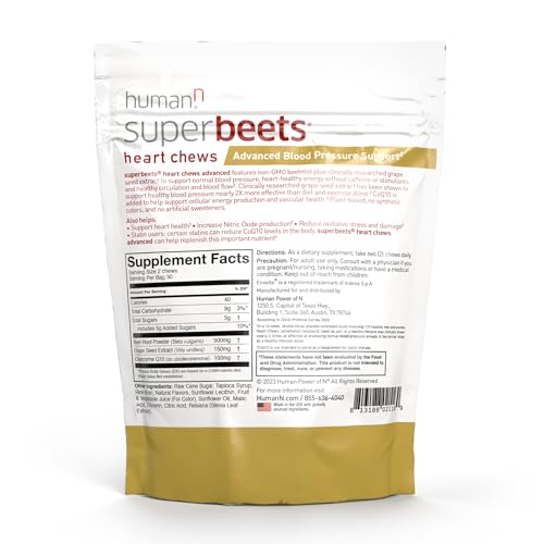 humanN SuperBeets Heart Chews Advanced - 3-in-1 Formula with Beetroot, Grape Seed Extract, & CoQ10, 60 Count