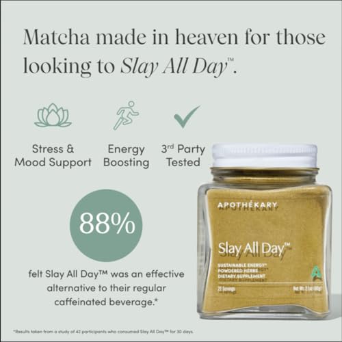 Apothékary Slay All Day Japanese Matcha Powder, Supports Energy, Focus, & Stress Relief, Herbal Supplement, Sugar Free, Gluten Free, Vegan, Plant Based