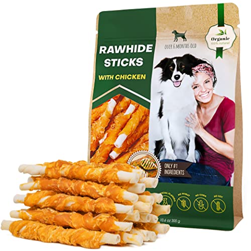 Dog Rawhide Sticks Wrapped with Chicken & Pet Natural Chew Treats - Grain Free Organic Meat & Human Grade Dried Snacks in Bulk - Best Twists for Training Small & Large Dogs - Made for USA (Sticks)