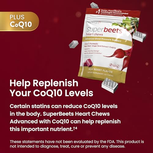 humanN SuperBeets Heart Chews Advanced - 3-in-1 Formula with Beetroot, Grape Seed Extract, & CoQ10, 60 Count