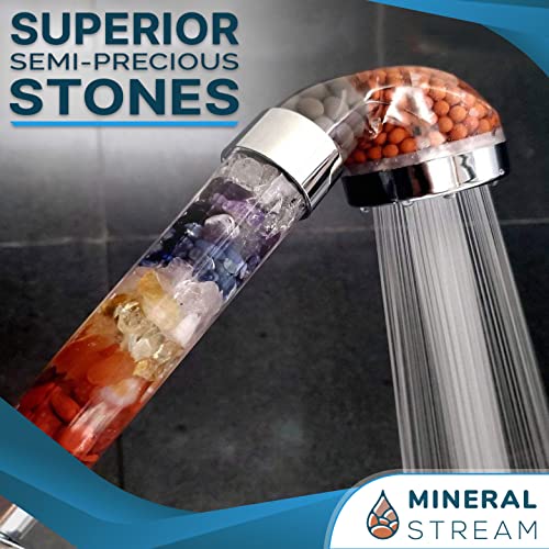 MineralStream Chakra Showerhead with Natural Gemstones, Therapeutic Crystals, Purification of Water Mineralization, Balance PH and Healing Force Mineral Stones Water Filtration