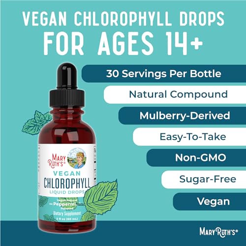 MaryRuth Organics Chlorophyll Liquid Drops, Clean Label Project Certified, Vegan, Non-Diluted Liquid Chlorophyll| Mulberry Derived Supplement for Ages 14+, Non-GMO, Delicious Minty Flavor, 2 Fl Oz