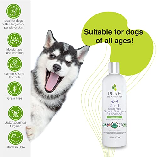 Pure and Natural Pet USDA Certified Organic 2-in-1 Grain Free Shampoo & Conditioner (Lavender & Mint) 16 oz.