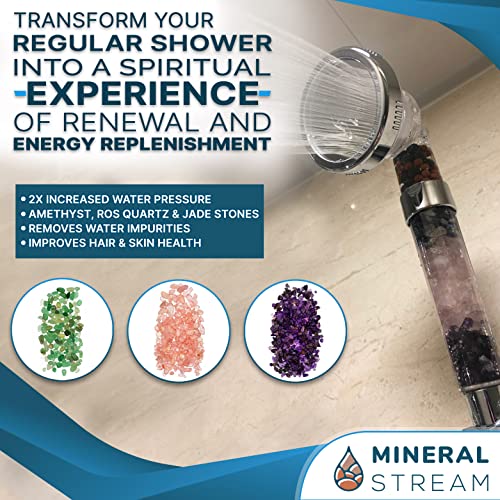 MineralStream Chakra Showerhead with Natural Gemstones, Therapeutic Crystals, Purification of Water Mineralization, Balance PH and Healing Force Mineral Stones Water Filtration