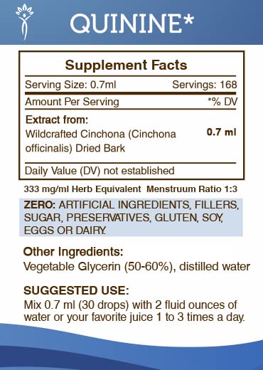 Secrets of the Tribe Quinine Alcohol-Free Tincture (Glycerite) 680 mg Wildcrafted Quinine (Cinchona officinalis) Dried Bark (4 Fl Oz) Leg Cramp Support Supplement