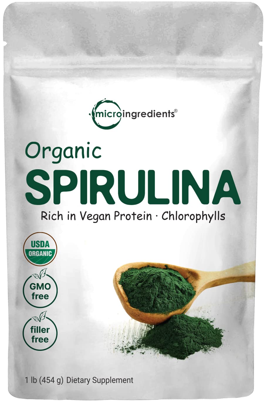 Micro Ingredients Organic Spirulina Powder, 16 Ounce, Raw Spirulina (Arthrospira Platensis), The Richest Sources of 70% Vegan Protein, Containers Minerals, Vitamins, Non-GMO & Non-Irradiation