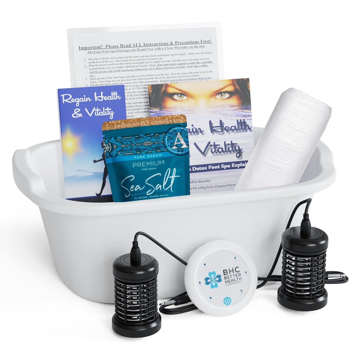 Ionic Foot Bath Detox Machine - Foot Spa Bath for Home Use - Free Regain Health & Vitality Booklet & Brochure - 2 Arrays, 20 Basin Liners, Detox Sea Salt, Basin 12QT