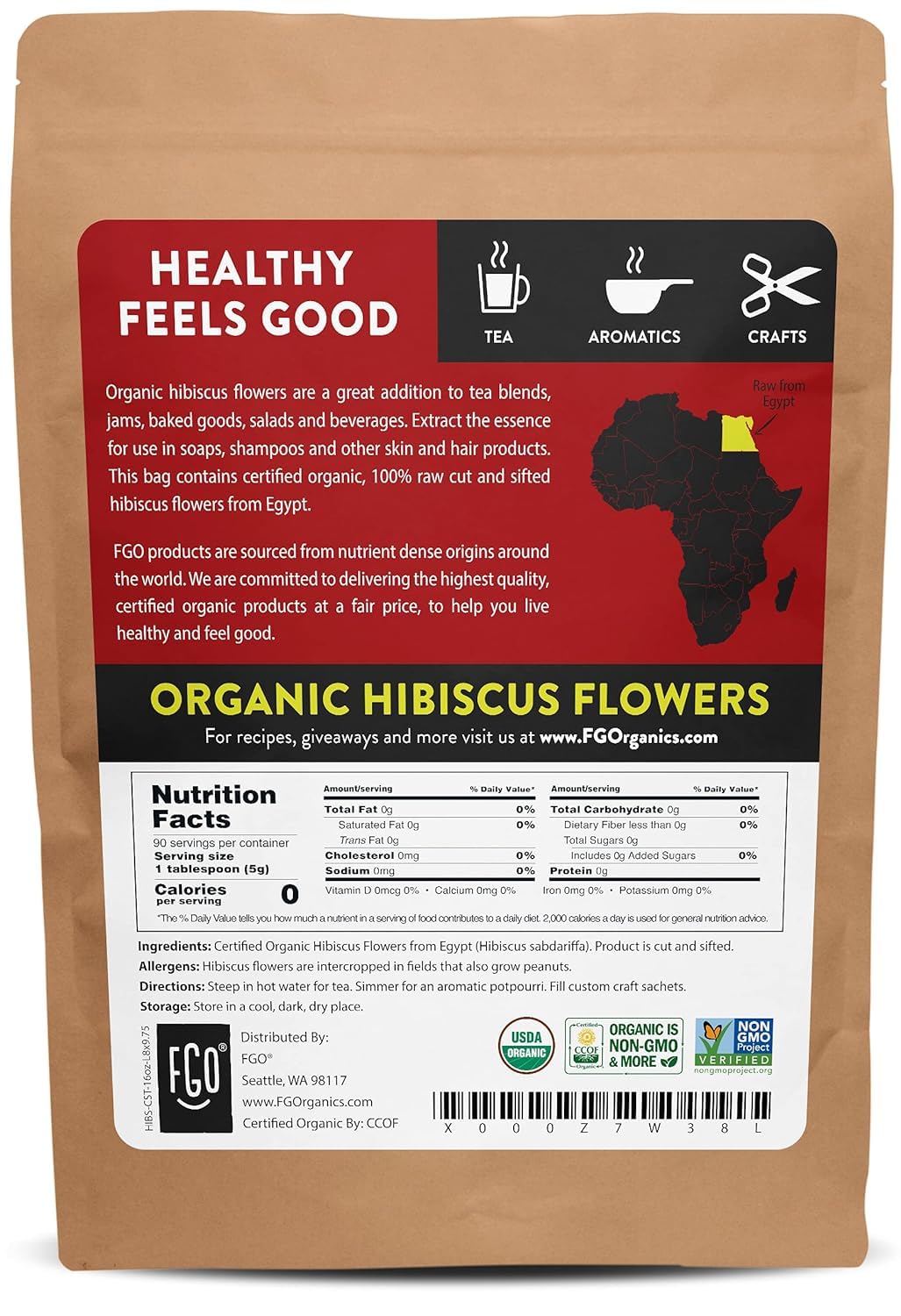 FGO Organic Hibiscus Flowers Loose Tea, Resealable Kraft Bag, 16oz (Pack of 1)