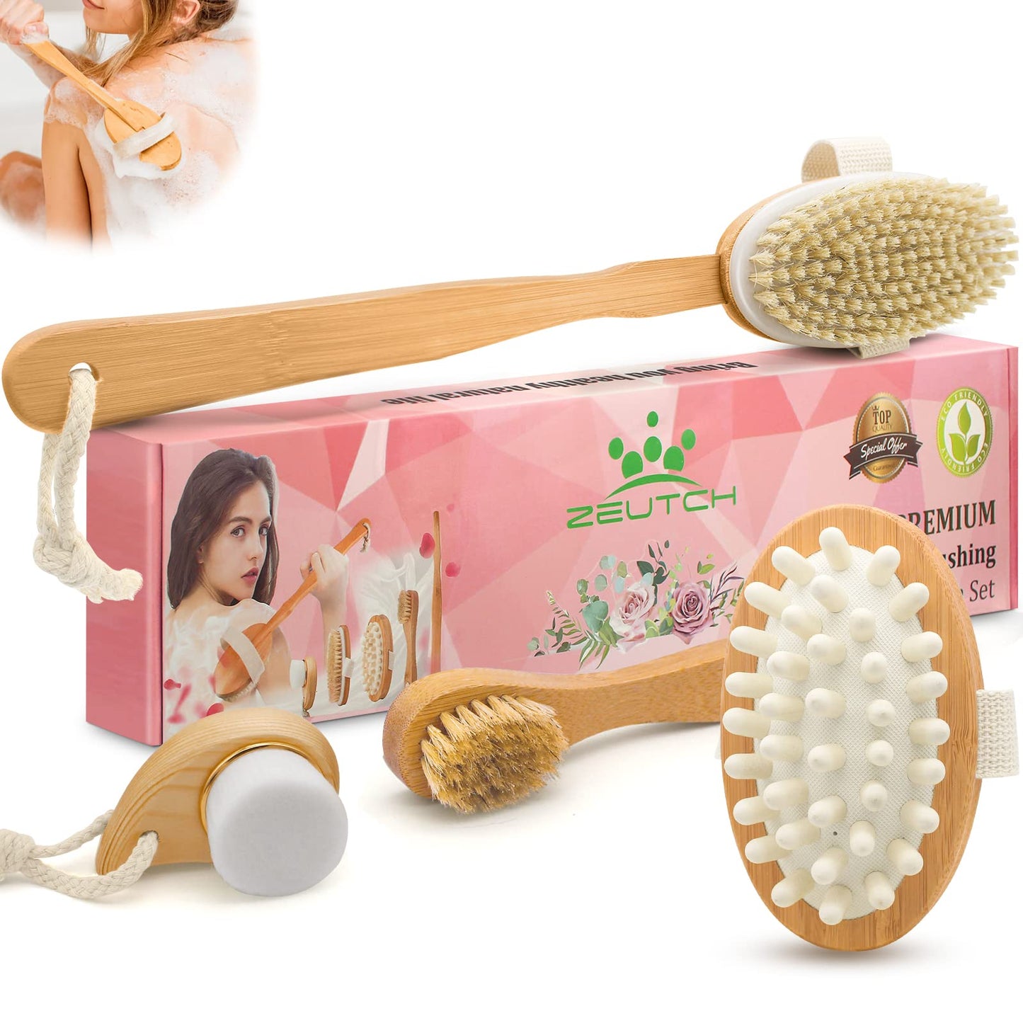 Premium Dry Brushing Body Brush Set for Lymphatic Drainage and Cellulite Treatment, Natural Boar Bristle Body Brush, Long Handle Body Brush, Face Cleansing Brush,Great Gift for A Glowing Skin, 5 Pack