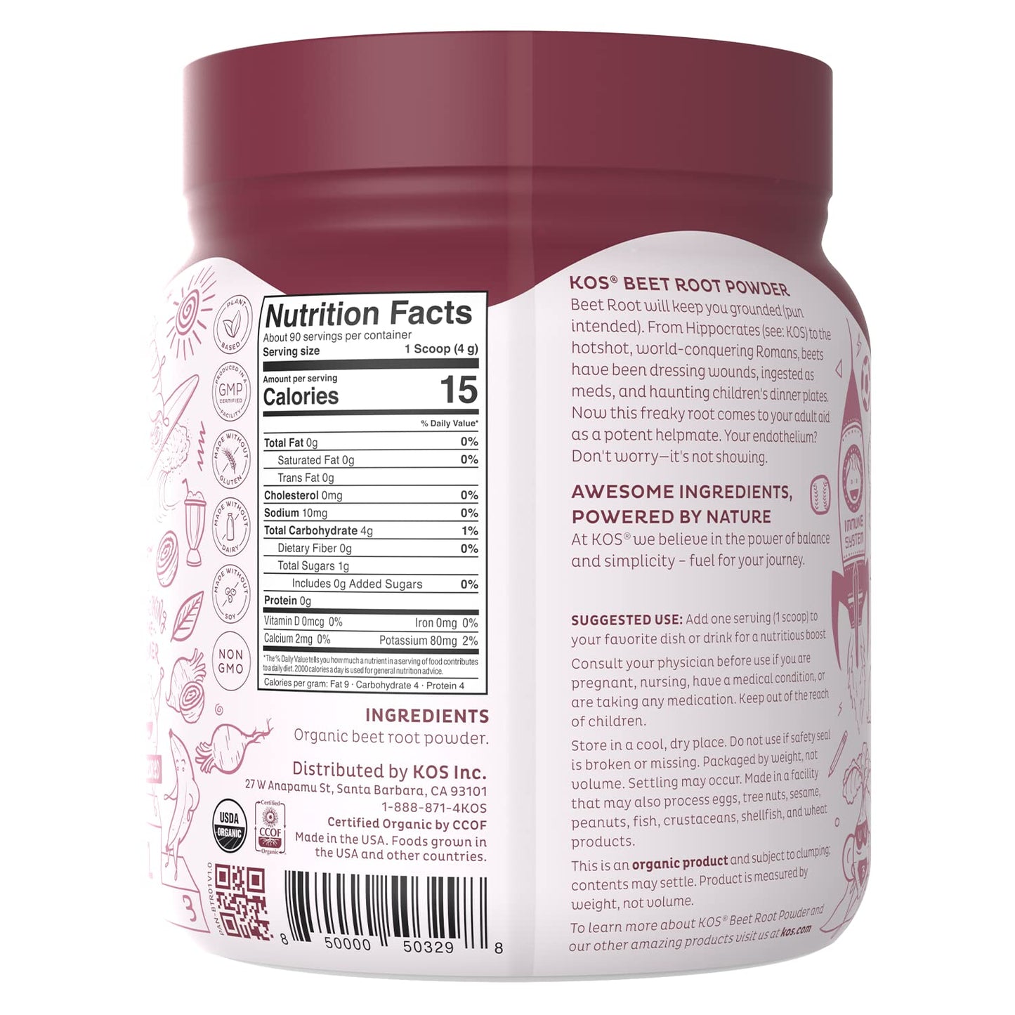 KOS Organic Beet Root Powder - USDA Certified, Nitric Oxide Booster, Non-GMO, Gluten & Soy Free - 90 Servings