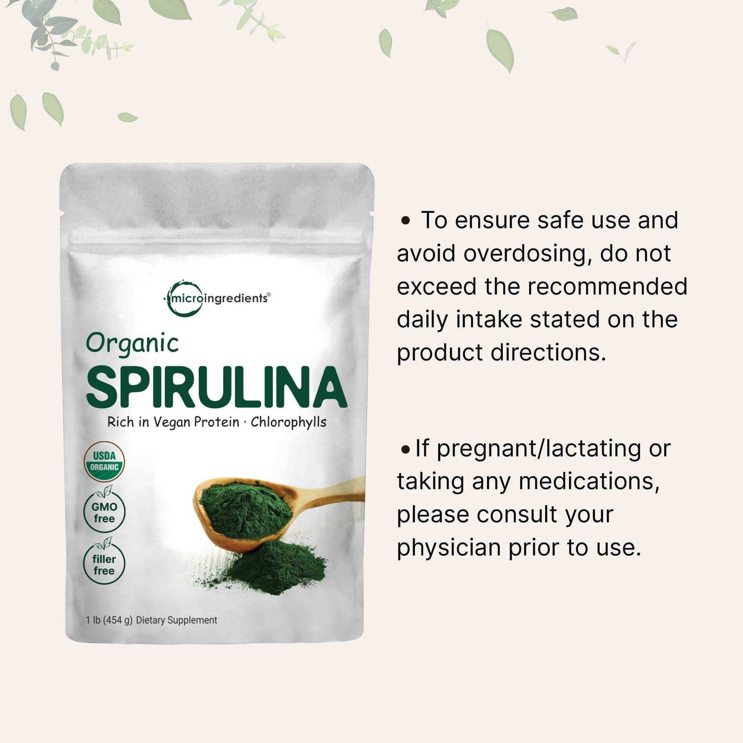 Micro Ingredients Organic Spirulina Powder, 16 Ounce, Raw Spirulina (Arthrospira Platensis), The Richest Sources of 70% Vegan Protein, Containers Minerals, Vitamins, Non-GMO & Non-Irradiation