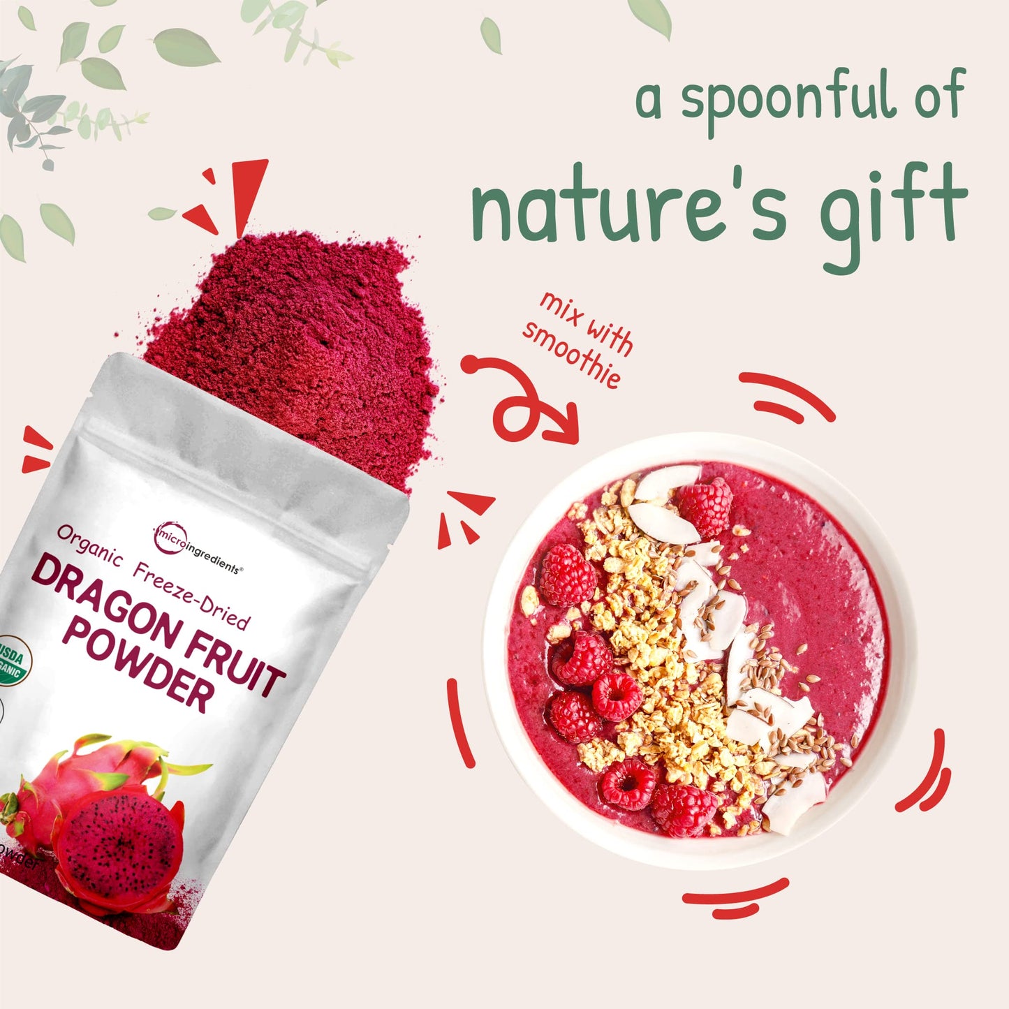 Micro Ingredients Organic Freeze-Dried Dragon Fruit Powder (Pink Pitaya/Pitahaya), 10 Ounce, Perfect for Shakes, Baking & Smoothie, Non-GMO, No Gluten, Vegan Friendly