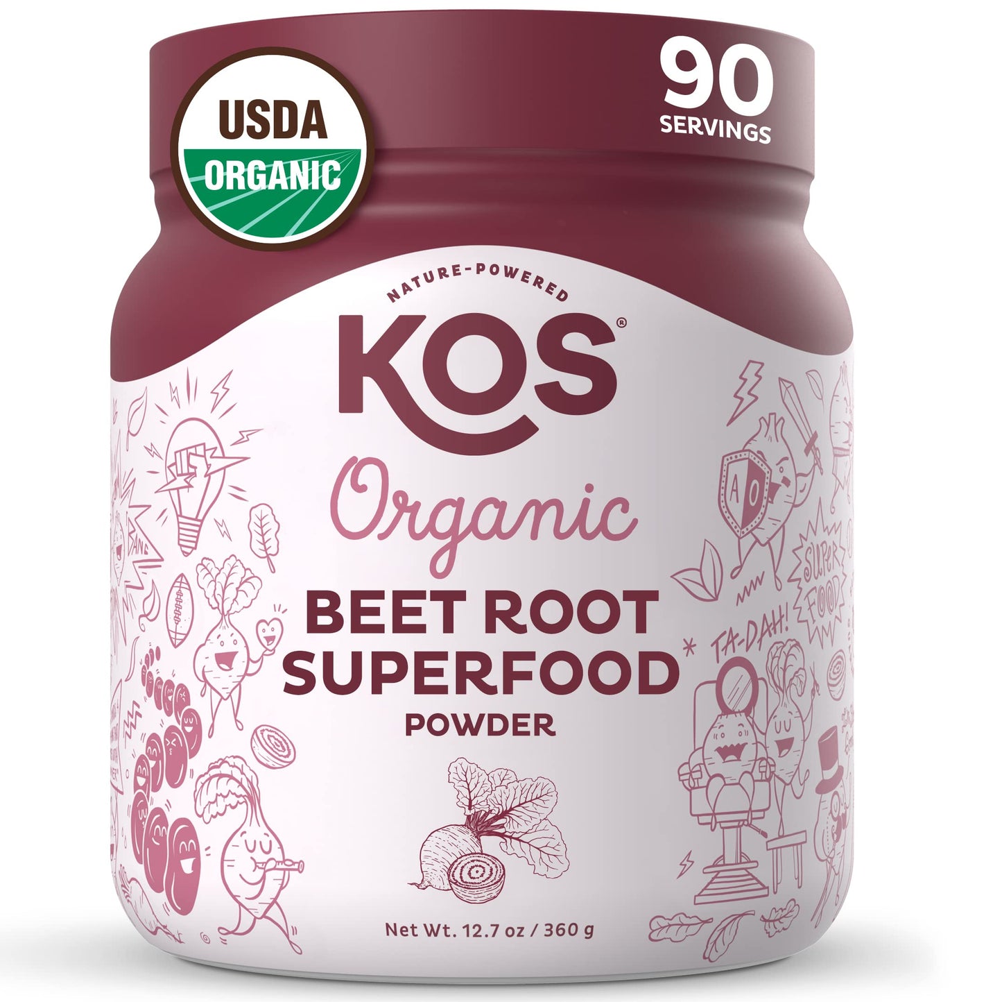 KOS Organic Beet Root Powder - USDA Certified, Nitric Oxide Booster, Non-GMO, Gluten & Soy Free - 90 Servings